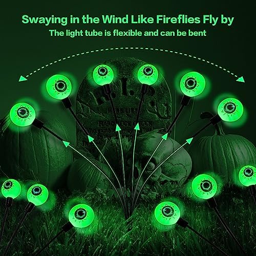 BeHiller Halloween Decorations Outdoor Solar Scary Eyeball Lights,2PACKS 12LED Green Eyeball Swaying Firefly Lights,Waterproof Solar Halloween Path Lights for Yard/Garden/Lawn/Party Decor - Image 2