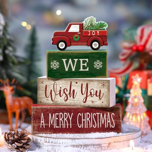 Lineshading 4 Pcs Wooden Red Truck Christmas Decor Block Signs - Image 2
