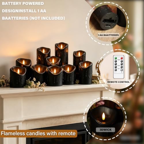 Nimiko Flameless Candles with Remote, Battery Operated Flickering Flameless Candles, LED Candles with Timer 2/4/6/8H, Realistic Drop Wax flameless Candle Set of 9 (D3 x H 3" 4" 5" 6" 7") (Black) - Image 2