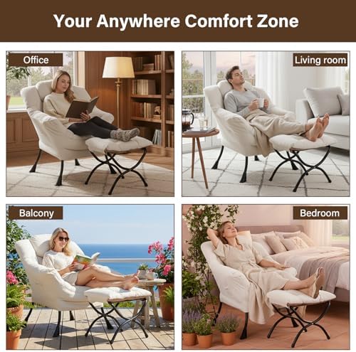 Welnow Lazy Chair with Ottoman, Reading Chair with Footrest, Off‑White - Image 6