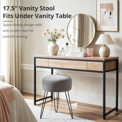 LUE BONA Vanity Stool, Gray Vanity Stools for Makeup Room, Round Ottoman Foot Stool, Velvet Footrest Vanity Chair for Bathroom Vanity, Bedroom, Living Room, Entryway, Offices, 300lbs - Image 4