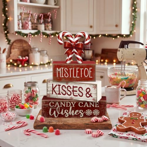 Lineshading 4 Pcs Christmas Table Decorations Wooden Candy Cane Decor Christmas Centerpiece Rustic Winter Tiered Tray Decor Red and White Candy Cane Block Signs Gift Xmas Decoration for Home Decors - Image 5