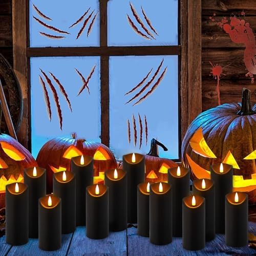 YOROXRG 24 Pack Halloween Decoration Flickering Flameless Candles, Battery Operated LED Pillar Candles with Remote Control and Timer.for Home Decor (D2.2 xH 5" 6" 7" Black) - Image 3