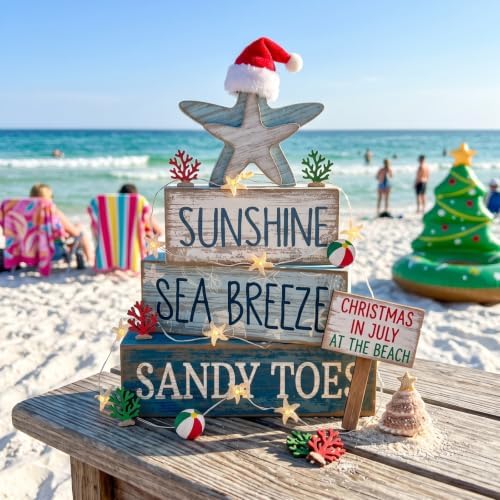 Lineshading 4 Pcs Coastal Christmas Table Decor, Wooden Starfish Beach Sign - Image 3