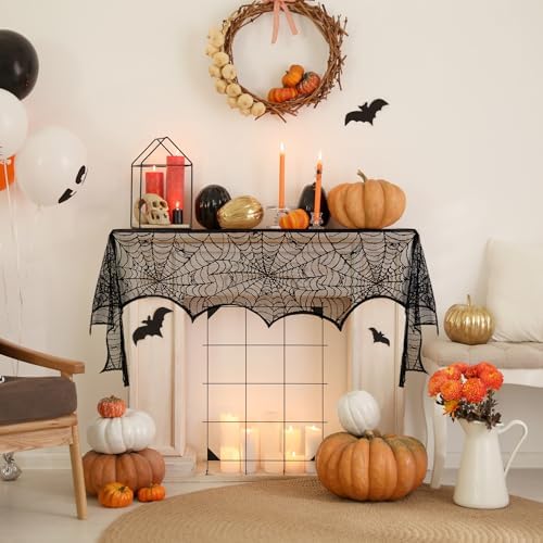 Halloween Fireplace Scarf, Black Lace Spiderweb Fireplace Mantle, Cobweb Fireplace Scarf for Halloween Party Door Window Decoration 18 x 96 inch by sogiv