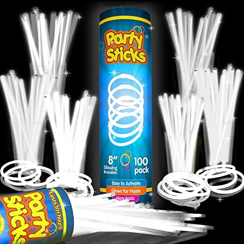 PartySticks White Glow Sticks - 100pk, 8 Glow In The Dark Light Up Party Favors, Decorations and Accessories by PartySticks