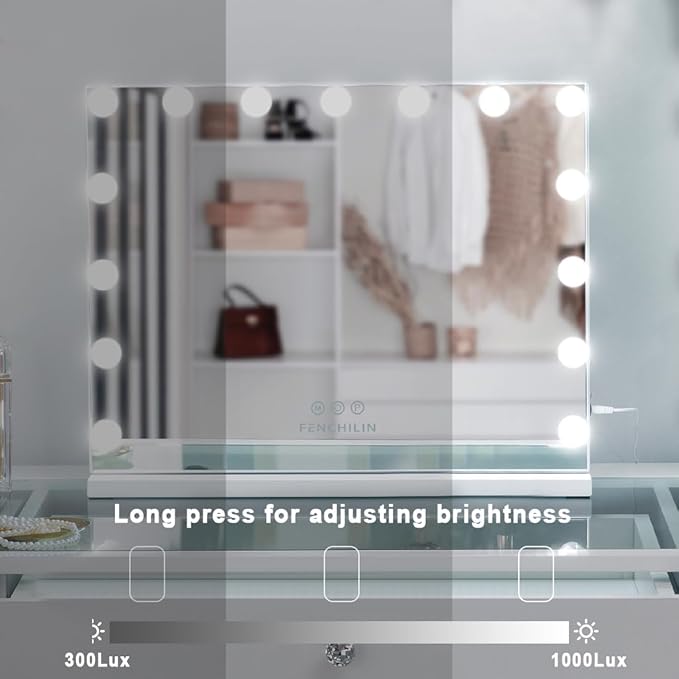 FENCHILIN Vanity Mirror with Lights, Hollywood Lighted Makeup Mirror with 15 Dimmable LED Bulbs for Dressing Room & Bedroom, Slim Metal Frame Design, White