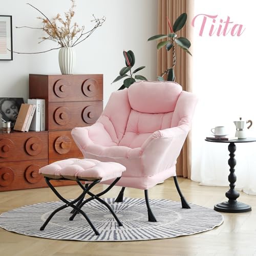 Tiita Lazy Chair with Ottoman, Comfy Reading Accent Chair, Pink - Image 6