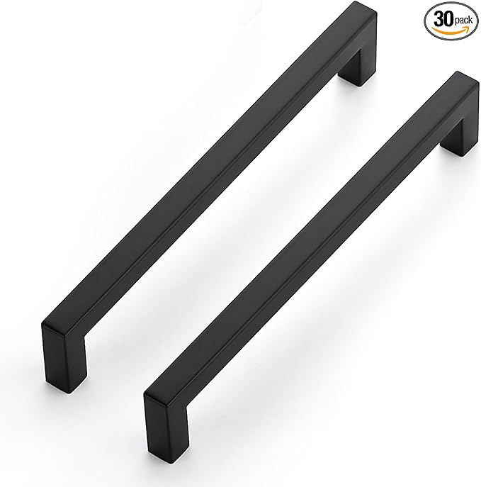 JOY DECOR 30 Pack Cabinet Handles, Black Cabinet Pulls, 7-1/2 Inch Kitchen Closet Handles Square Drawer Pulls Stainless Steel Drawer Hardware, 192mm Hole Centers