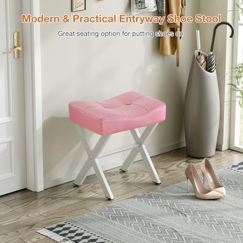 Memobarco 18-Inch Leather Vanity Stool Chair, Pink Saddle Vanity Stool - Image 6