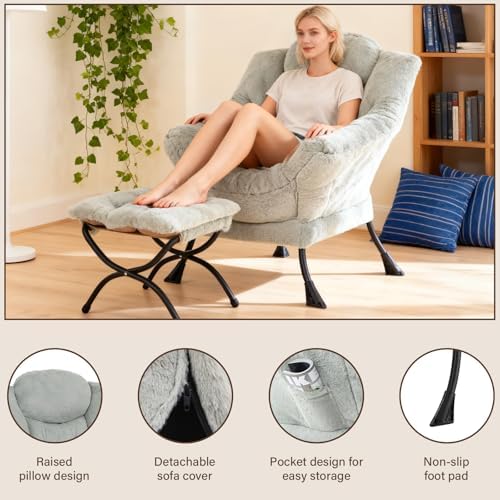 Welnow Lazy Chair with Ottoman, Reading Chair with Footrest, Light Green - Image 4