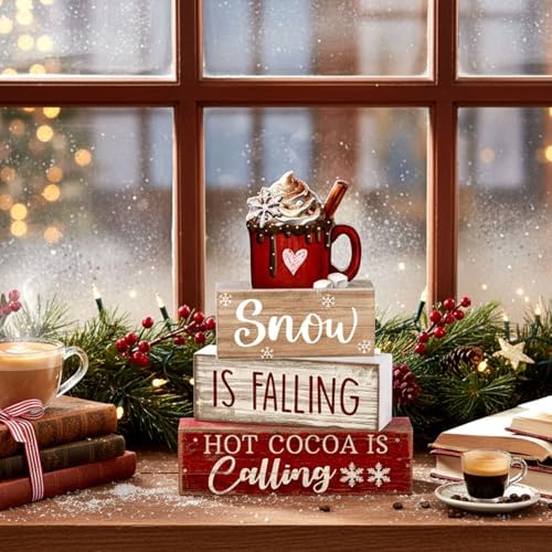 Lineshading 4 Pcs Christmas Table Decor, Hot Cocoa Wood Block Sign Home Set - Image 6