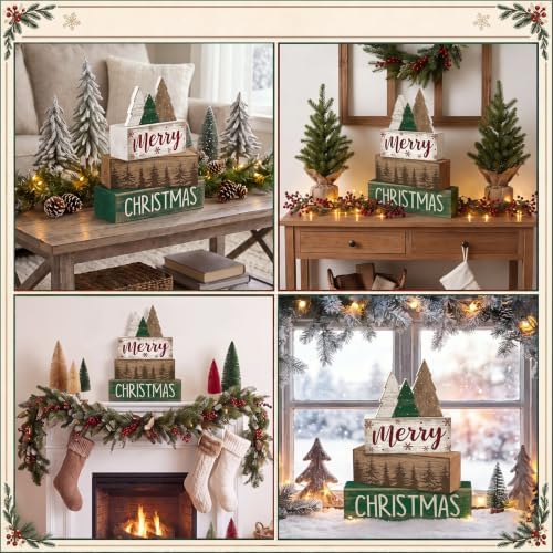 Lineshading 4 Pcs Christmas Table Decor Retro Christmas Tree Centerpiece with Buffalo Plaid Pattern Winter Tiered Tray Decor Rustic Wooden Pine Tree Xmas Decoration for Home Shelf Party Kitchen - Image 5