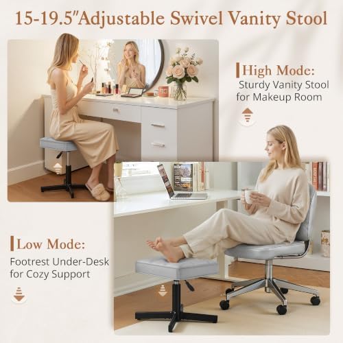 LUE BONA Adjustable Vanity Stool, 15''-19.5'' Foot Rest Under Desk, 360° Swivel Vanity Chair for Makeup Room, Silver Upholstered Faux Leather Ottoman for Bathroom & Living Room, 300lbs - Image 3