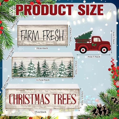 Lineshading 4 Pcs Christmas Table Decor, Red Truck Tree Wood Block Sign - Image 3