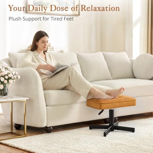 LUE BONA Adjustable Vanity Stool, 15''-19.5'' Foot Rest Under Desk, 360° Swivel Vanity Chair for Makeup Room, Ginger Yellow Upholstered Suede Ottoman for Bathroom & Living Room, 300lbs - Image 5