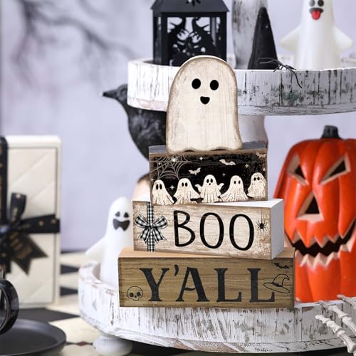 Lineshading 4 Pcs Halloween Table Decoration Wooden Ghost Tiered Tray Decor - Image 4
