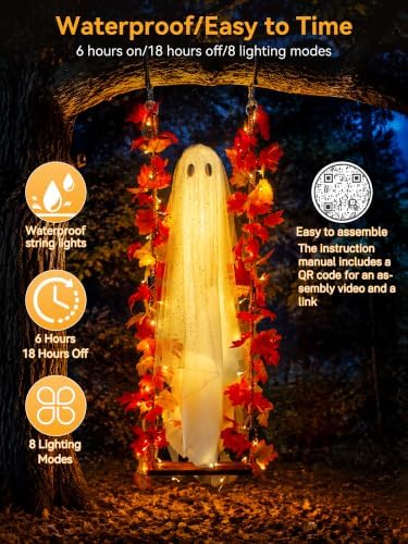AYGXU Halloween Decorations Outdoor Indoor-5.3ft Hanging Ghost Decor with a Maple Leaf 6.6ft Swing,Ghost Light,Halloween Decor for Tree,Yard,Porch,Garden - Image 2
