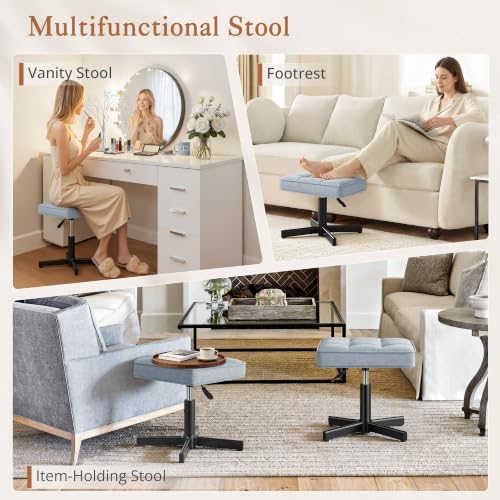 LUE BONA Adjustable Vanity Stool, 15''-19.5'' Foot Rest Under Desk, 360° Swivel Vanity Chair for Makeup Room, Blue Upholstered Faux Leather Ottoman for Bathroom & Living Room, 300lbs - Image 6