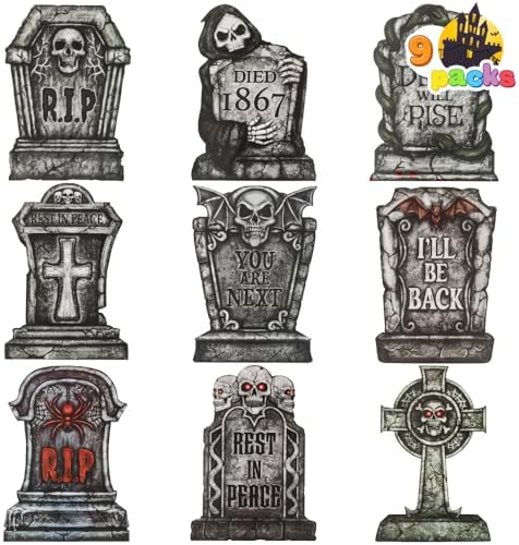 JOYIN 16" 9 Pcs Halloween Tombstones Decorations Outdoor, Graveyard Yard Lawn Plastic Headstones with 18 Metal Stakes for Halloween Cemetery, Indoor Decorations, Prop, Party Decor Supplies by JOYIN