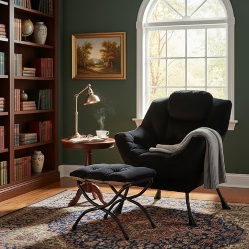 Welnow Lazy Chair with Ottoman, Reading Chair with Footrest, Black - Image 2