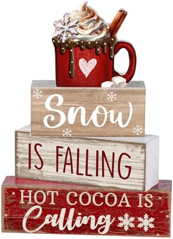 Lineshading 4 Pcs Christmas Table Decor, Hot Cocoa Wood Block Sign Home Set by Lineshading