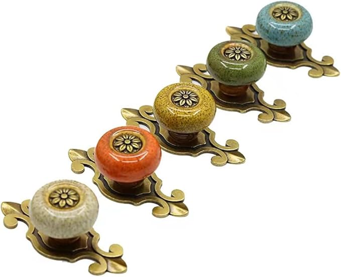 5 Pack Retro Ceramic Knobs,Vintage Dresser Kitchen Petal Cabinet Pulls Rustic Zinc Alloy Base Back Plate Kid Cupboard Wardrobe Drawer Door Handles (Leopard Print Orange)