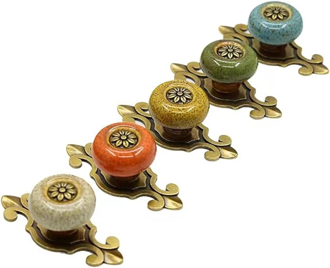 5 Pack Retro Ceramic Knobs,Vintage Dresser Kitchen Petal Cabinet Pulls Rustic Zinc Alloy Base Back Plate Kid Cupboard Wardrobe Drawer Door Handles (Leopard Print White)