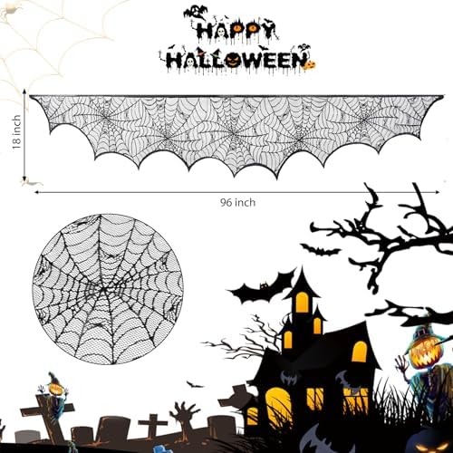 Halloween Fireplace Scarf, Black Lace Spiderweb Fireplace Mantle, Cobweb Fireplace Scarf for Halloween Party Door Window Decoration 18 x 96 inch - Image 5