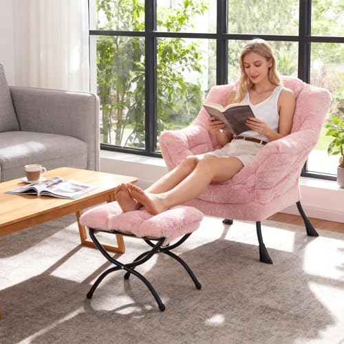 Welnow Lazy Chair with Ottoman, Reading Chair with Footrest, Soft Pink - Image 2