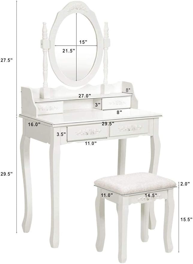 Giantex Girls Vanity Desk with 4 Drawers, White Makeup Vanity Table with Mirror and Cushioned Stool, Rose Shaped Knobs, Modern Bedroom Dressing Table for Small Place Apartment