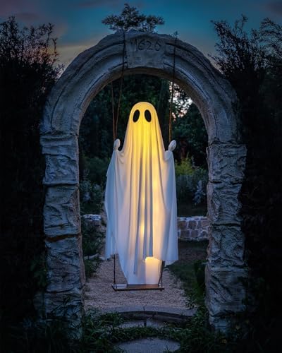 Halloween Decorations Outdoor - 5 FT Large Hanging Swing Ghost Halloween Decor with String Lights, Spooky Cute Ghosts Decorations for Front Porch Yard Tree - Image 5