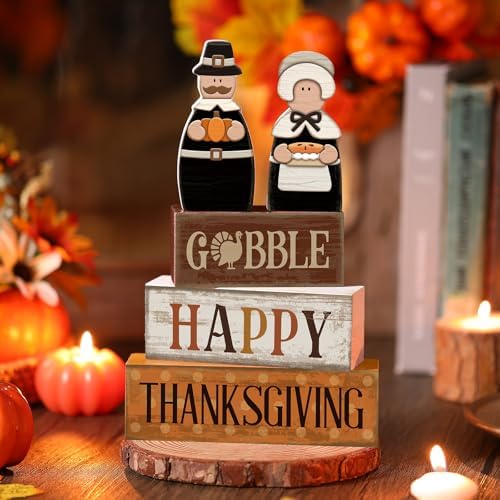 Lineshading 4 Pcs Thanksgiving Pilgrim Decor Wooden Block Signs Tray Set - Image 2