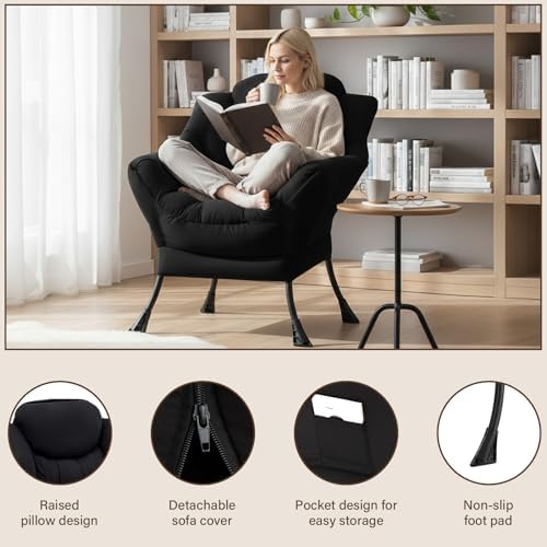 Welnow Lazy Chair for Adults，Modern Reading Accent Chair,Black Single - Image 4