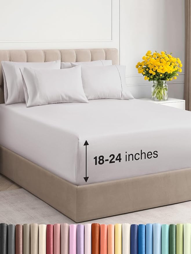 Extra Deep Queen Sheet Set - 6 Piece Breathable and Cooling Sheets - Hotel Luxury Bed Sheets Set - Easy Fit - Soft, Wrinkle Free and Comfy Sheets Set - French Grey Sheet Set with Extra Deep Pockets