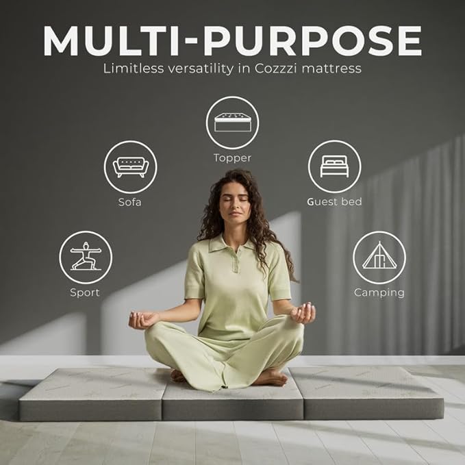 Cozzzi Trifold Mattress for Floor and Traveling with Removable Cover - Lightweight and Portable Mattress for Adults & Kids - Compact and Easy to Storage (75in x 31in x 4in)