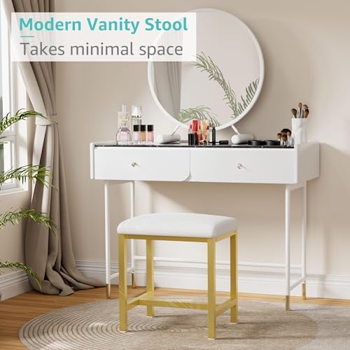 Small Vanity Stool, Cute Vanity Stools with Cushion, White Gold Makeup Vanity Chair for Small Spaces, Living Room, Bedroom, Bathroom, Entryway, Ottoman Foot Rest for Couch Sillas Modern - Image 3