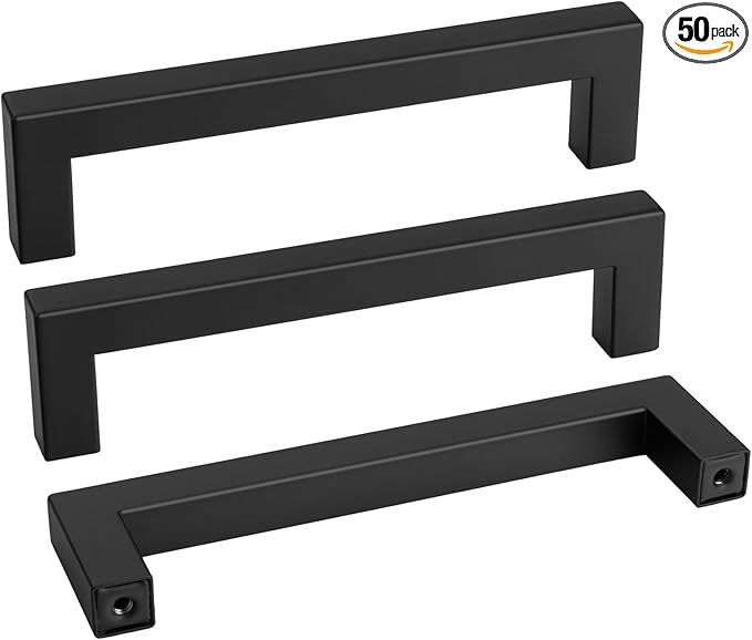 goldenwarm 50 Pack 5 Inch Black Cabinet Handles Matte Black Drawer Pulls Stainless Steel Cabinets Hardware Square Bar Modern for Kitchen Bathroom Cupboard