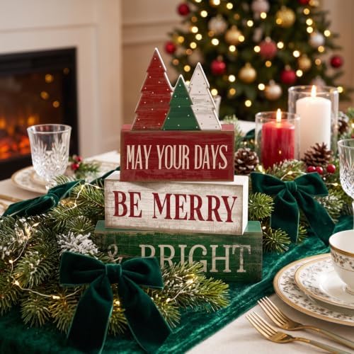Lineshading 4 Pcs Christmas Table Decor, Wooden Tree Block Signs Home - Image 4