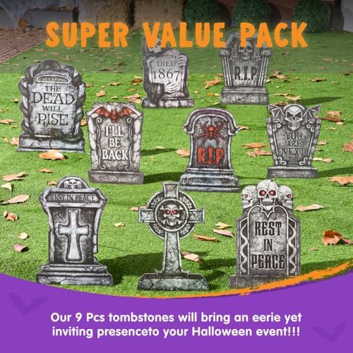 JOYIN 16" 9 Pcs Halloween Tombstones Decorations Outdoor, Graveyard Yard Lawn Plastic Headstones with 18 Metal Stakes for Halloween Cemetery, Indoor Decorations, Prop, Party Decor Supplies - Image 6