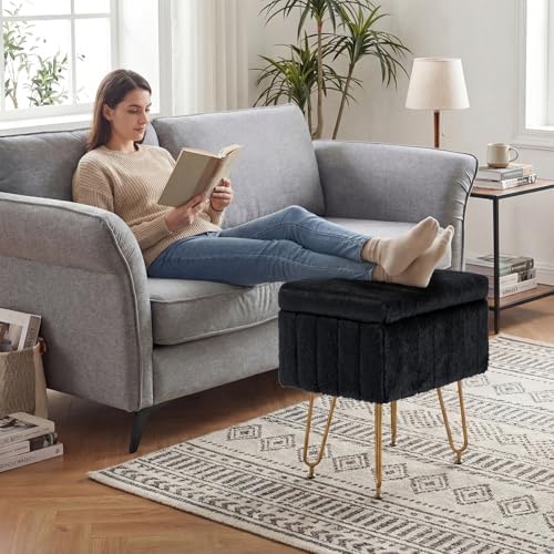 DUMOS Vanity Stool Chair with Storage, Small Ottoman Faux Fur Soft Padded Footstools Seat with 4 Metal Legs Anti-Slip Adjustable Feet Modern Footrest for Home Entryway Bedroom Makeup Black - Image 3