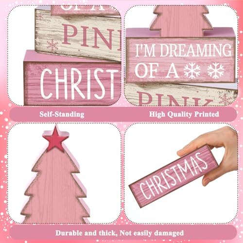 Lineshading 4 Pcs Pink Christmas Table Decor, Wooden Christmas Tree Signs - Image 6