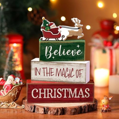 Lineshading 4 Pcs Christmas Table Decorations Wooden Stacked Block Santa - Image 2