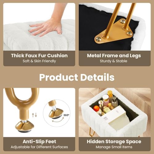 DUMOS Vanity Stool Chair Ottoman with Storage, Makeup Cute Soft Small Footstool Modern Style Faux Fur Seat with 4 Metal Legs & Adjustable Feet for Dressing Living Room Bedroom Dorm - Image 4