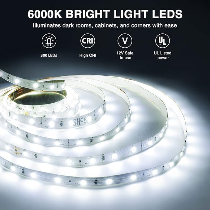 Onforu LED Light Strip,16.4ft Dimmable LED Tape Light, 6000K Daylight White Strip Lighting, 300 LEDs Flexible Vanity Mirror Light, 5M 12V Ribbon Rope Light for Bedroom, Under Cabinet,Kitchen,Christams