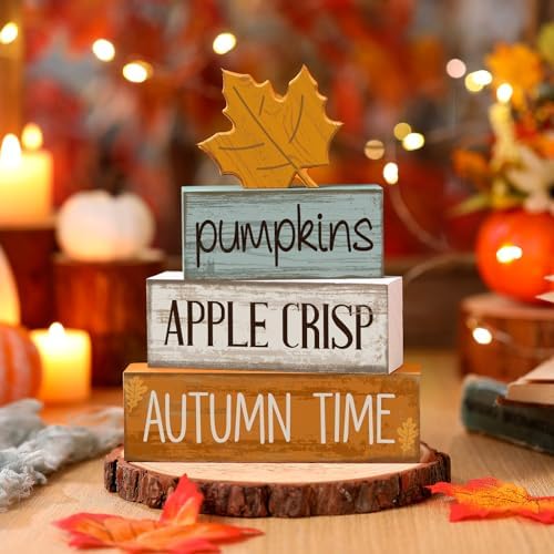 Lineshading 4 Pcs Fall Table Decor for Home, Wooden Maple Leaves Block Sign - Image 2