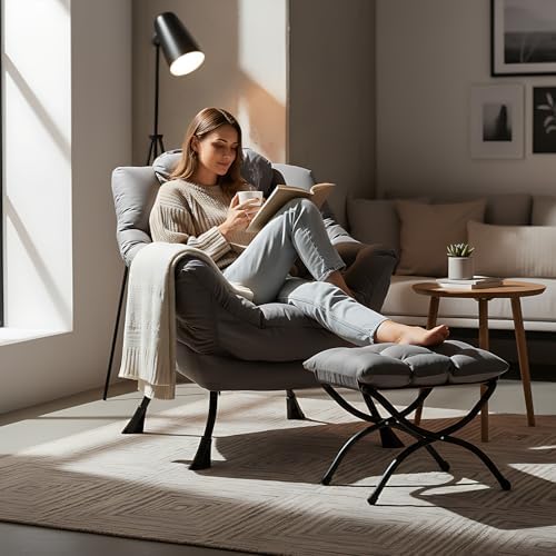 Welnow Lazy Chair with Ottoman, Reading Chair with Footrest,Dark Grey - Image 2