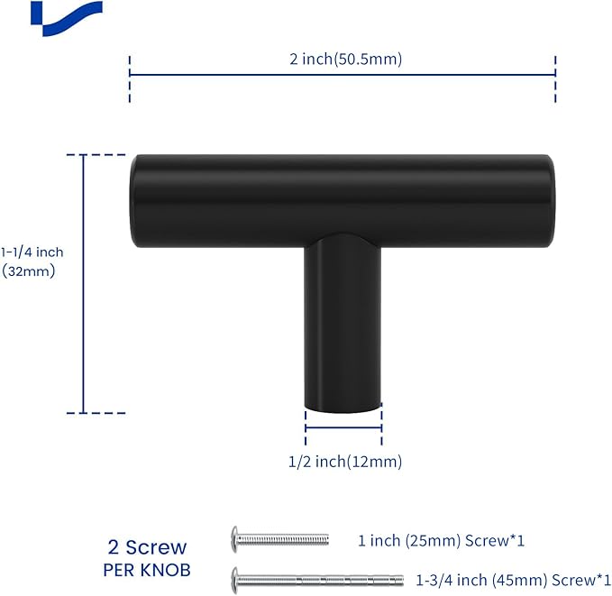 LONTAN 10 Pack Black Knobs for Cabinets and Drawers Kitchen Cabinet Knobs for Dresser Bathroom Modern T Bar Furniture Black Hardware,Stainless Steel