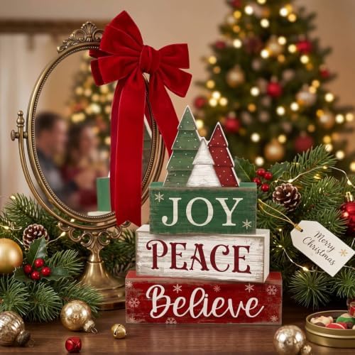 Lineshading 4 Pcs Christmas Table Decor, Wooden Tree Block Sign Home Tray - Image 2