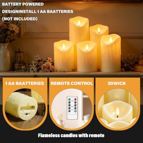 Nimiko Flameless Candles with Remote, Battery Operated Flickering Flameless Candles, LED Candles with Timer 2/4/6/8H, Realistic Drop Wax flameless Candle Set of 9 (D3 x H 3" 4" 5" 6" 7") (Ivory) - Image 3